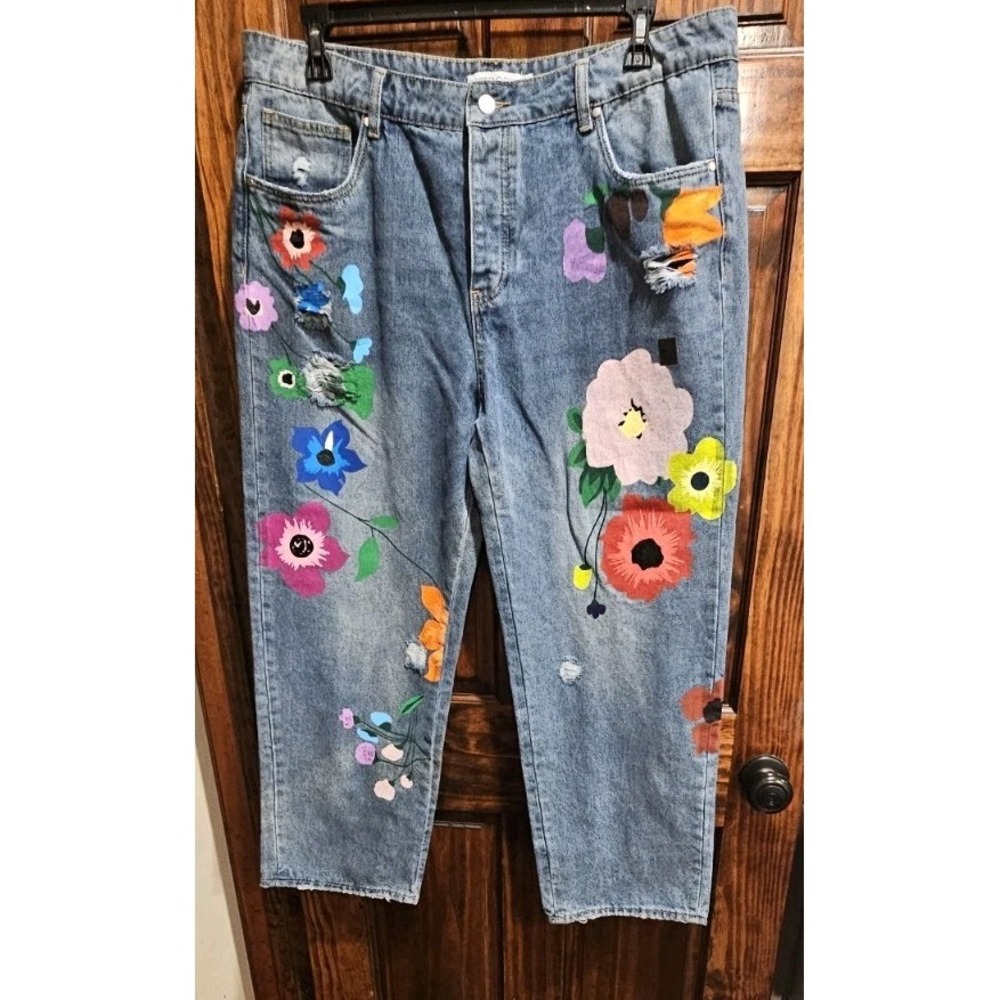 Misslook Womens 3XL Boho Hippie Painted Floral Distressed Straight Leg Jeans